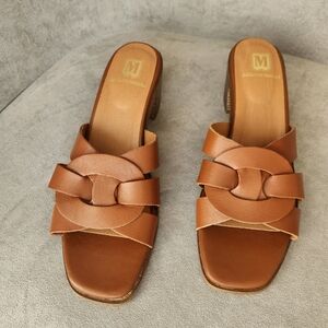 Bruno Magli Sandals Women's 8.5 Brown Woven Leather Aria Heeled Slides New $325